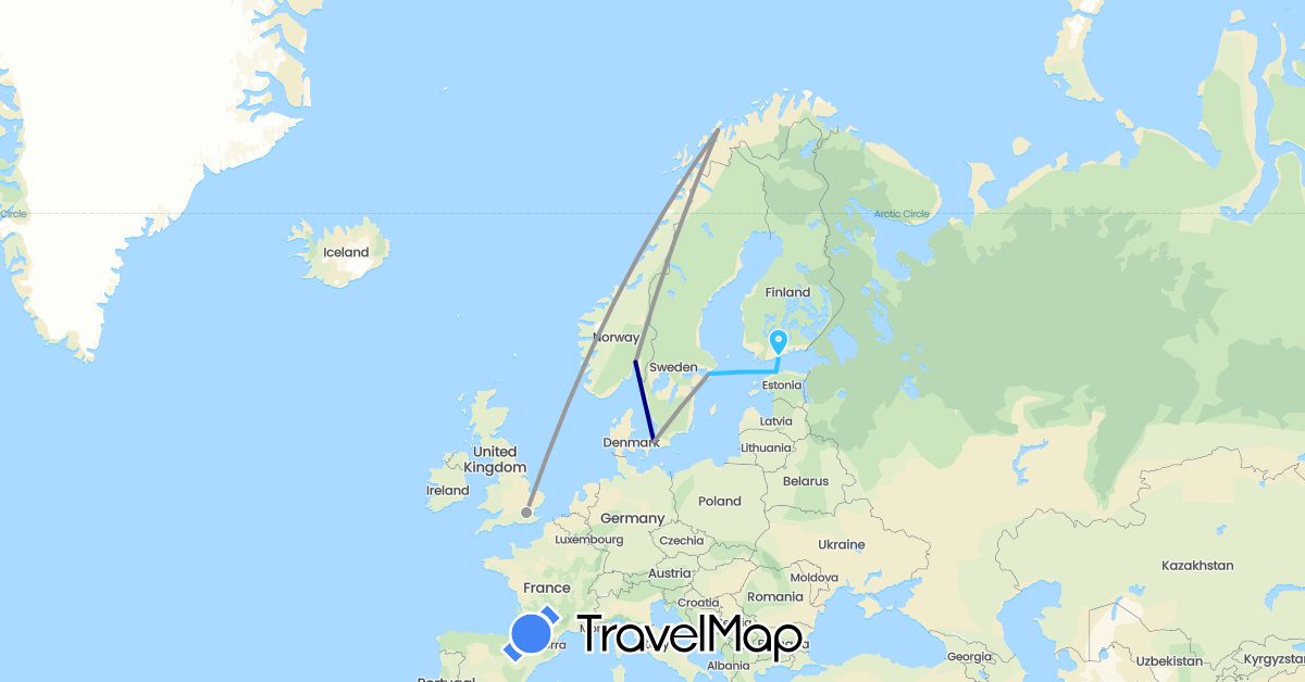TravelMap itinerary: driving, plane, boat in Denmark, Estonia, Finland, United Kingdom, Norway, Sweden (Europe)